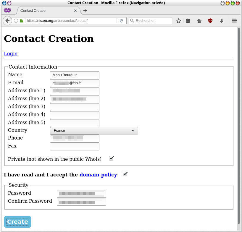 Création d'un contact sur EU.org