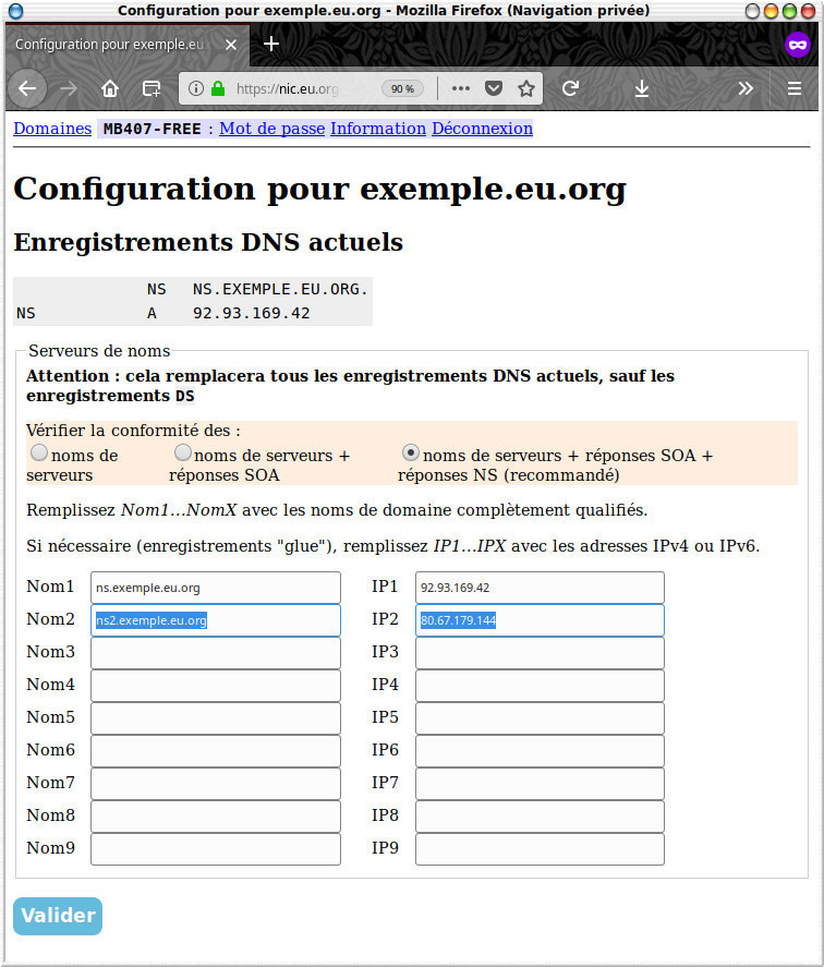 Modification des serveurs de noms dans l'interface d'eu.org 2/2